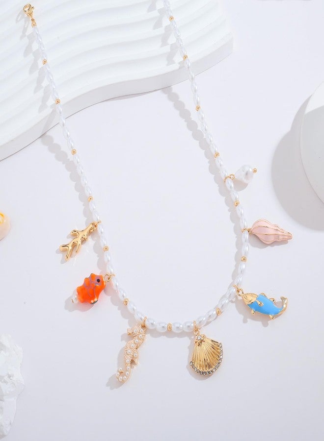 FAUTHENTICUTE Summer Pearl Choker Necklaces For Women Multi-colored Coral Conch Shell And Seahorse Fish Charms Cute Beach Necklaces For Women - Image 4